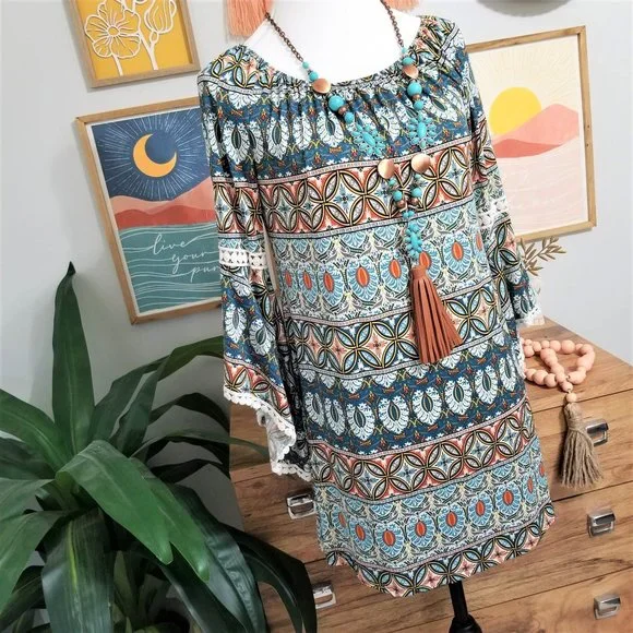 Dress. Teal, Burnt Orange, Multi Print. Southern Fried Chics Brand. Size Small. - Picture 9 of 9
